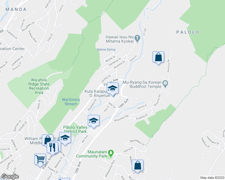 map of restaurants, bars, coffee shops, grocery stores, and more near 2542 10th Avenue in Honolulu