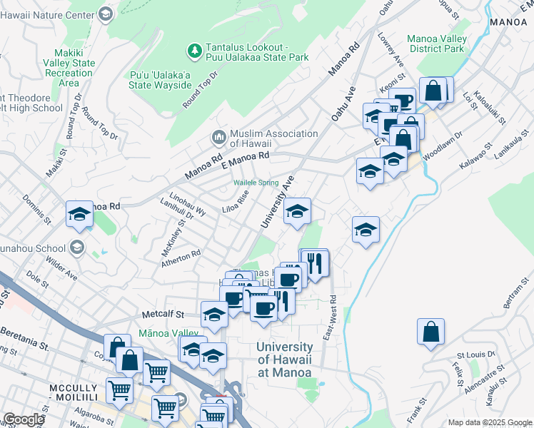 map of restaurants, bars, coffee shops, grocery stores, and more near 2407 Haleleʻa Place in Honolulu