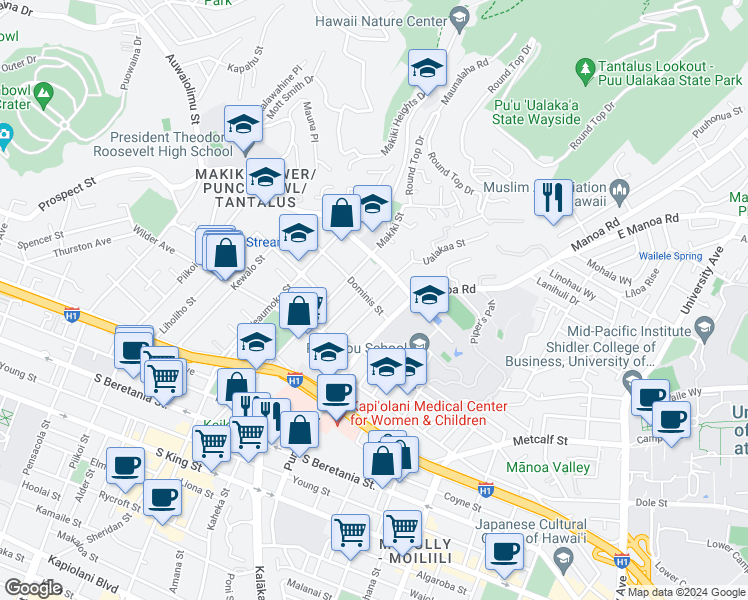 map of restaurants, bars, coffee shops, grocery stores, and more near 1808 Punahou Street in Honolulu