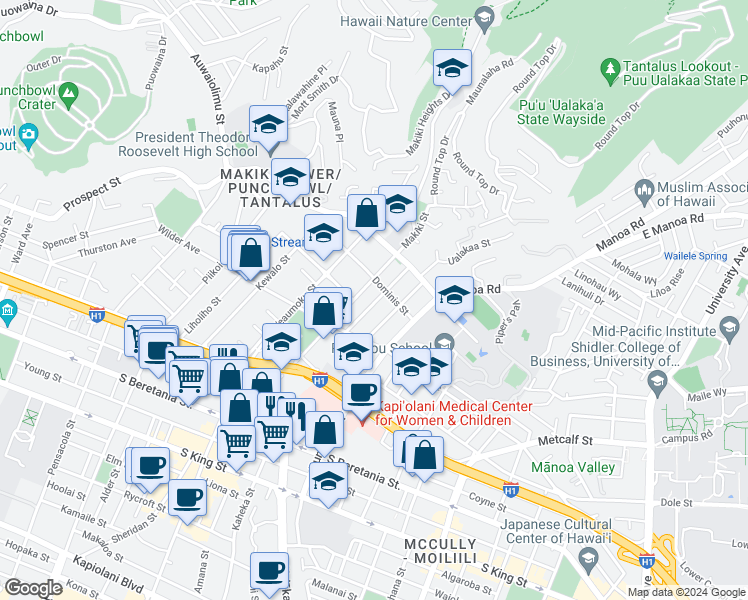 map of restaurants, bars, coffee shops, grocery stores, and more near 1707 Anapuni Street in Honolulu