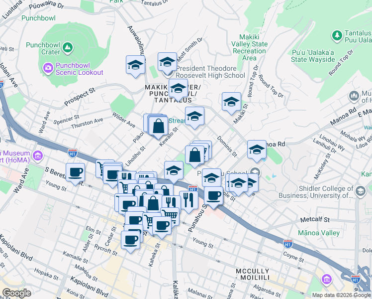 map of restaurants, bars, coffee shops, grocery stores, and more near 1605 Ke’eaumoku Street in Honolulu