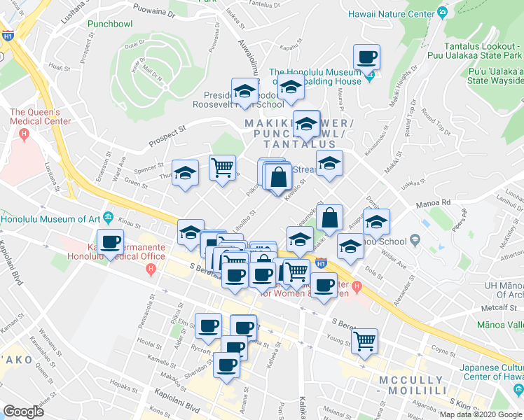 map of restaurants, bars, coffee shops, grocery stores, and more near 1526 Kewalo Street in Honolulu