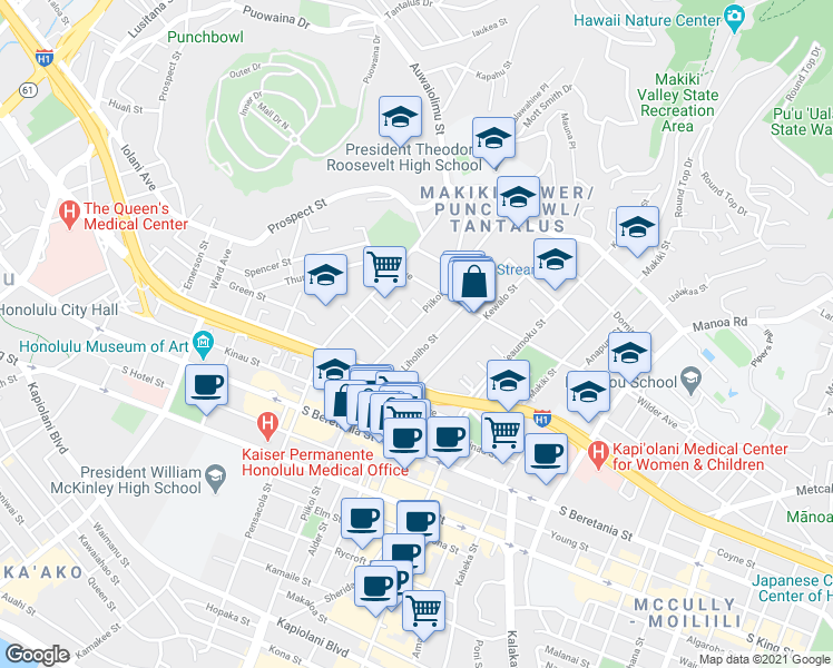 map of restaurants, bars, coffee shops, grocery stores, and more near 1448 Liholiho Street in Honolulu