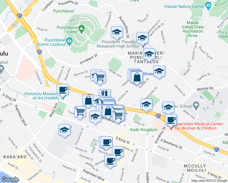 map of restaurants, bars, coffee shops, grocery stores, and more near 1155 Hassinger Street in Honolulu