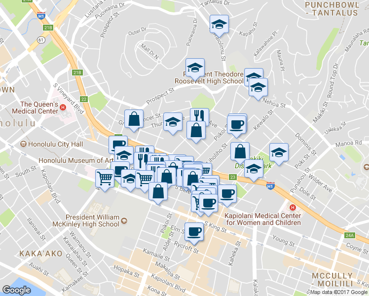 map of restaurants, bars, coffee shops, grocery stores, and more near 1421 Pensacola Street in Honolulu