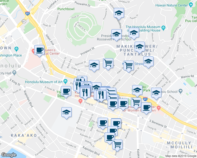 map of restaurants, bars, coffee shops, grocery stores, and more near 1421 Pensacola Street in Honolulu