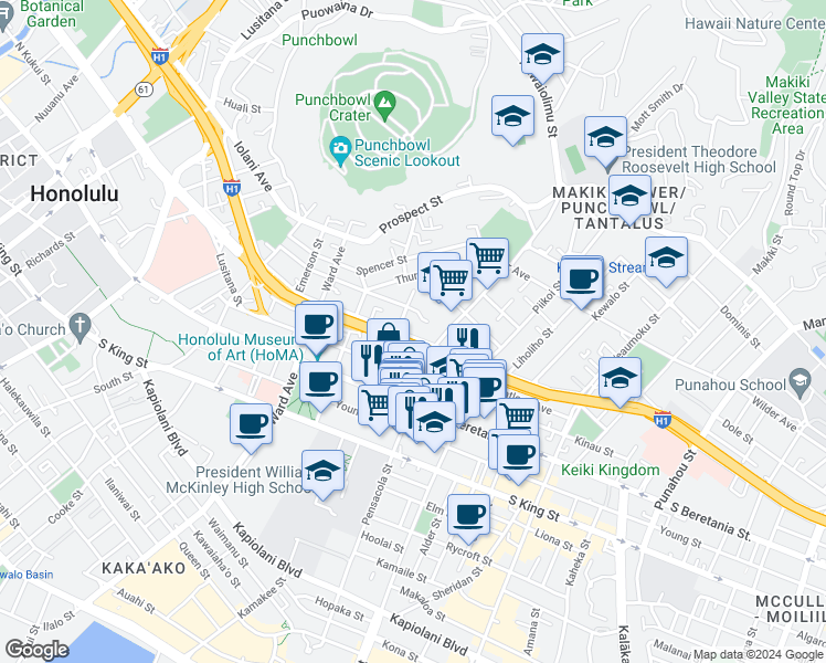 map of restaurants, bars, coffee shops, grocery stores, and more near 1080 Lunalilo Street in Honolulu