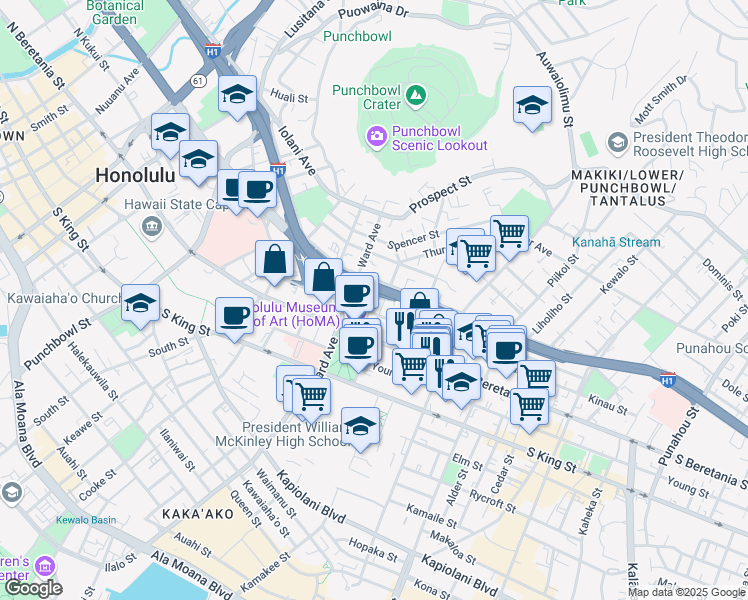 map of restaurants, bars, coffee shops, grocery stores, and more near 1302 Victoria Street in Honolulu