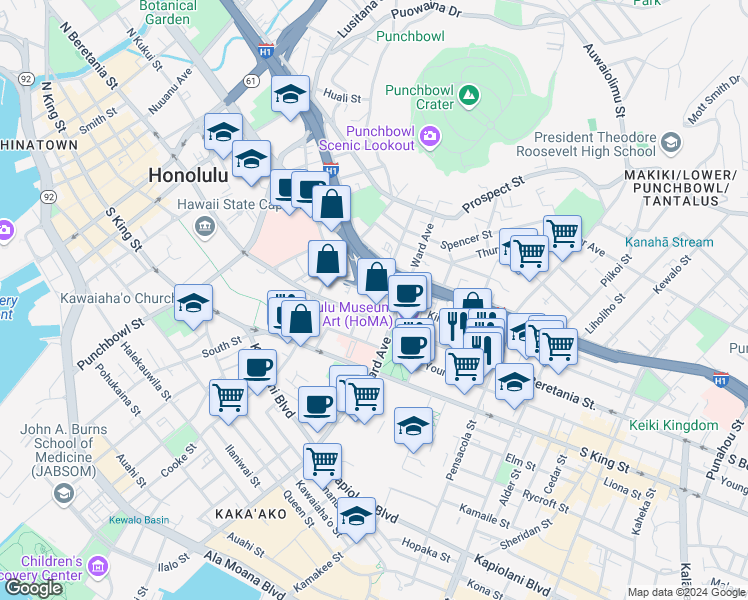 map of restaurants, bars, coffee shops, grocery stores, and more near 1220 Ward Avenue in Honolulu