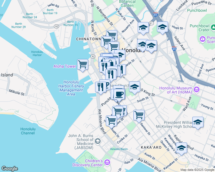 map of restaurants, bars, coffee shops, grocery stores, and more near 830 Punchbowl Street in Honolulu