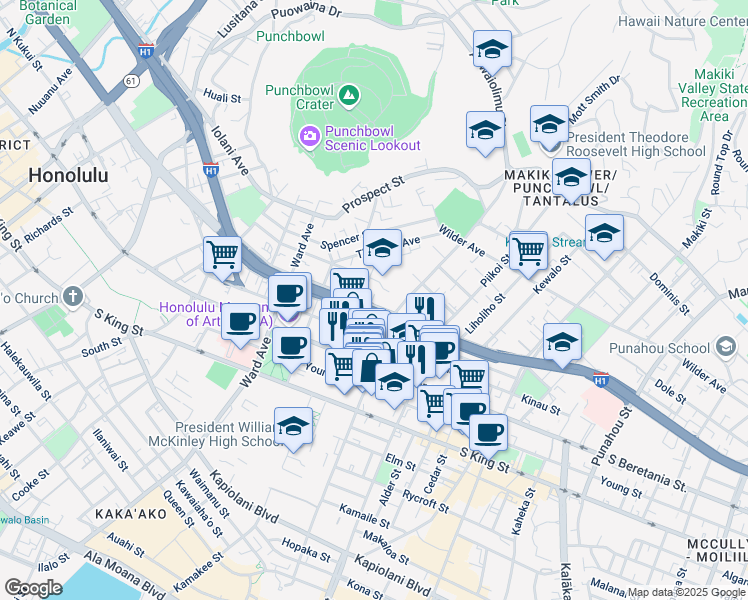 map of restaurants, bars, coffee shops, grocery stores, and more near 1080 Lunalilo Street in Honolulu