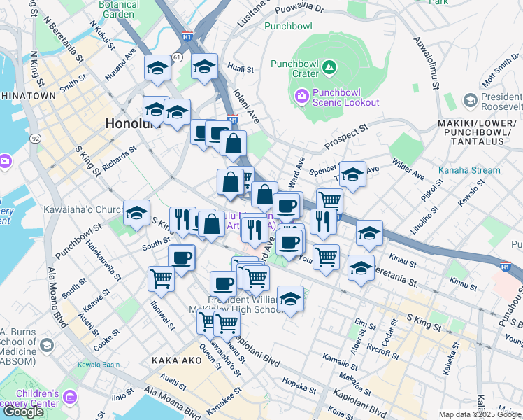 map of restaurants, bars, coffee shops, grocery stores, and more near 785 Kinau Street in Honolulu