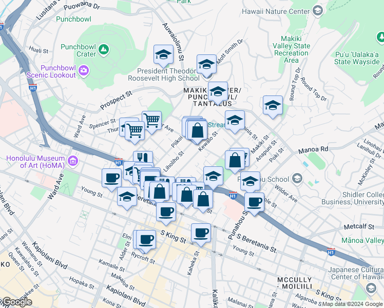 map of restaurants, bars, coffee shops, grocery stores, and more near 1544 Kewalo Street in Honolulu