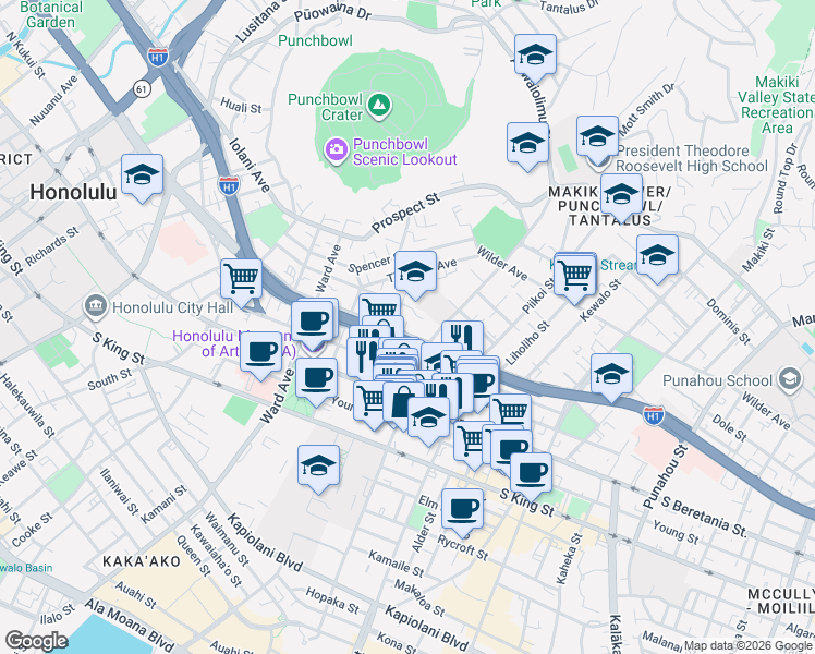map of restaurants, bars, coffee shops, grocery stores, and more near 1080 Lunalilo Street in Honolulu