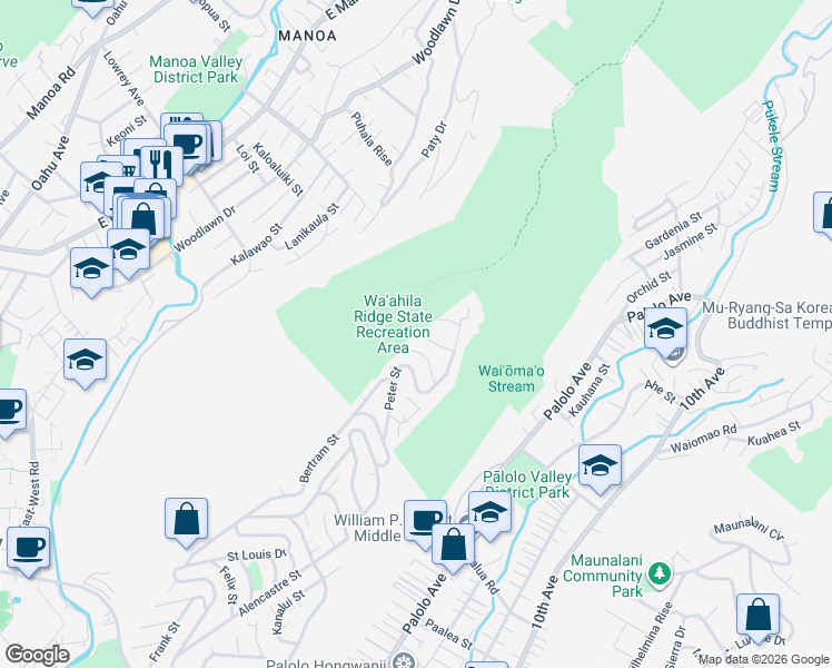 map of restaurants, bars, coffee shops, grocery stores, and more near 100 Ruth Place in Honolulu