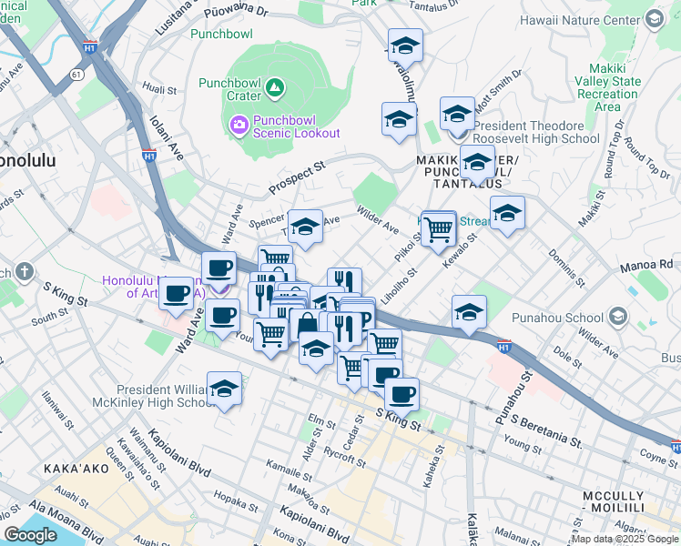 map of restaurants, bars, coffee shops, grocery stores, and more near 1115 Hassinger Street in Honolulu