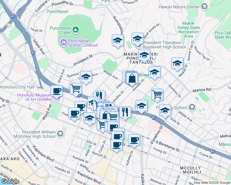 map of restaurants, bars, coffee shops, grocery stores, and more near 1448 Liholiho Street in Honolulu