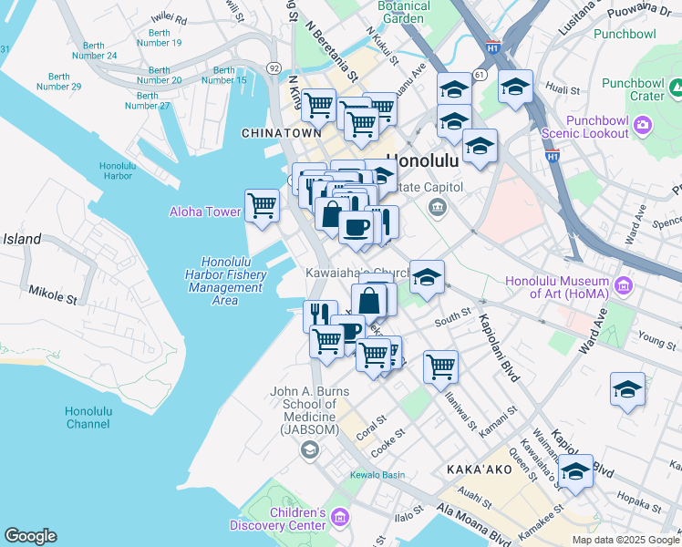 map of restaurants, bars, coffee shops, grocery stores, and more near 820 Mililani Street in Honolulu