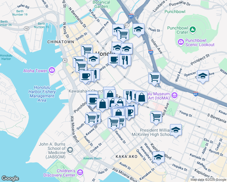 map of restaurants, bars, coffee shops, grocery stores, and more near 530 South King Street in Honolulu