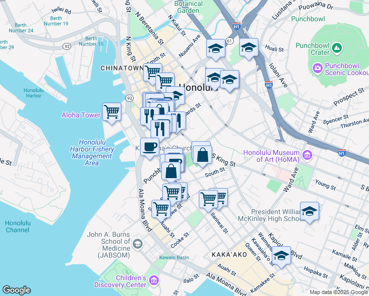 map of restaurants, bars, coffee shops, grocery stores, and more near 465 South King Street in Honolulu