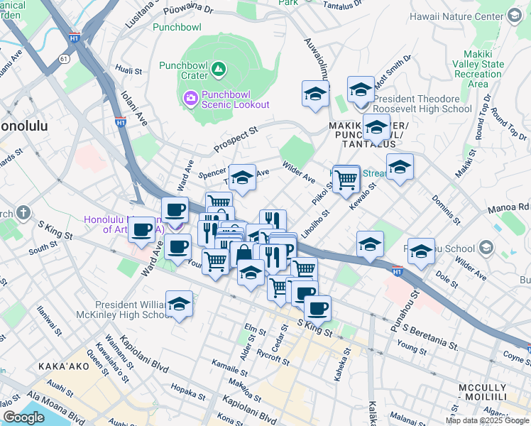map of restaurants, bars, coffee shops, grocery stores, and more near 1433 Pensacola Street in Honolulu