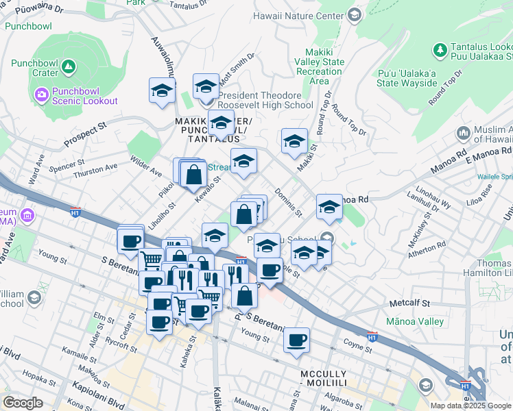 map of restaurants, bars, coffee shops, grocery stores, and more near 1628 Makiki Street in Honolulu