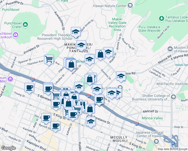 map of restaurants, bars, coffee shops, grocery stores, and more near 1634 Makiki Street in Honolulu