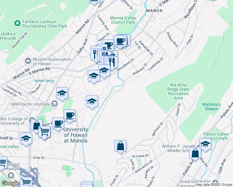 map of restaurants, bars, coffee shops, grocery stores, and more near 2891 Kalawao Street in Honolulu