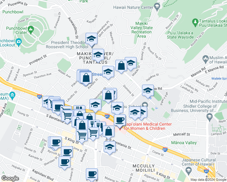 map of restaurants, bars, coffee shops, grocery stores, and more near 1628 Makiki Street in Honolulu