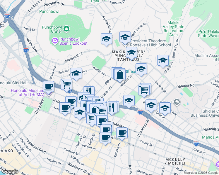 map of restaurants, bars, coffee shops, grocery stores, and more near 1448 Liholiho Street in Honolulu