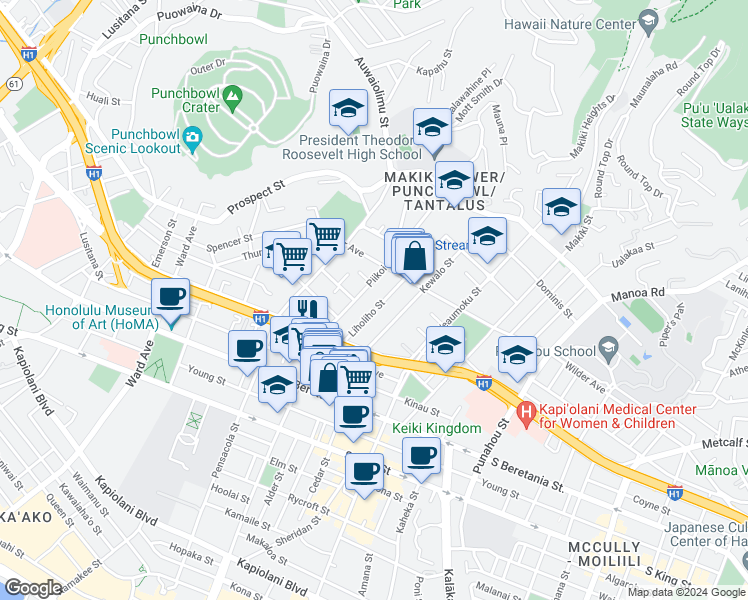 map of restaurants, bars, coffee shops, grocery stores, and more near 1448 Liholiho Street in Honolulu