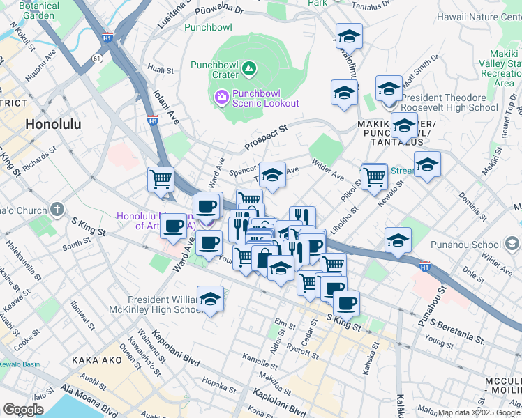 map of restaurants, bars, coffee shops, grocery stores, and more near 1080 Lunalilo Street in Honolulu