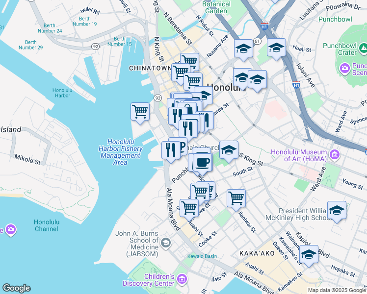 map of restaurants, bars, coffee shops, grocery stores, and more near 830 Punchbowl Street in Honolulu
