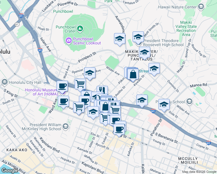 map of restaurants, bars, coffee shops, grocery stores, and more near 1138 Hassinger Street in Honolulu