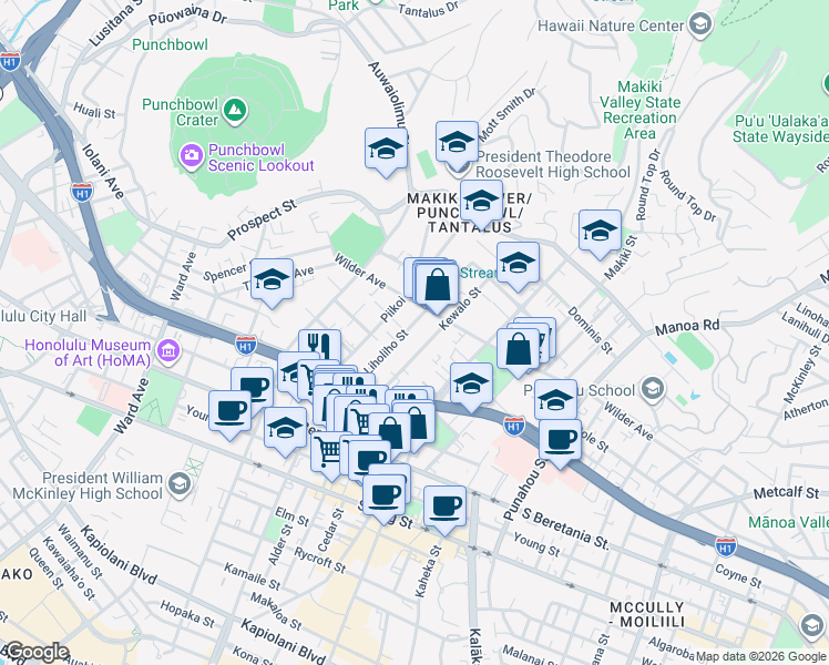 map of restaurants, bars, coffee shops, grocery stores, and more near 1526 Kewalo Street in Honolulu