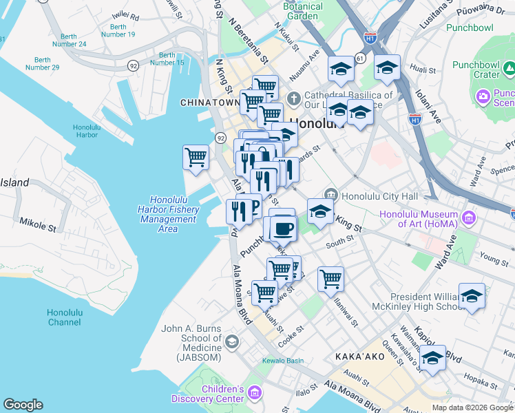 map of restaurants, bars, coffee shops, grocery stores, and more near 820 Mililani Street in Honolulu