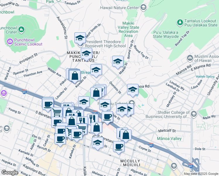 map of restaurants, bars, coffee shops, grocery stores, and more near 1707 Anapuni Street in Honolulu