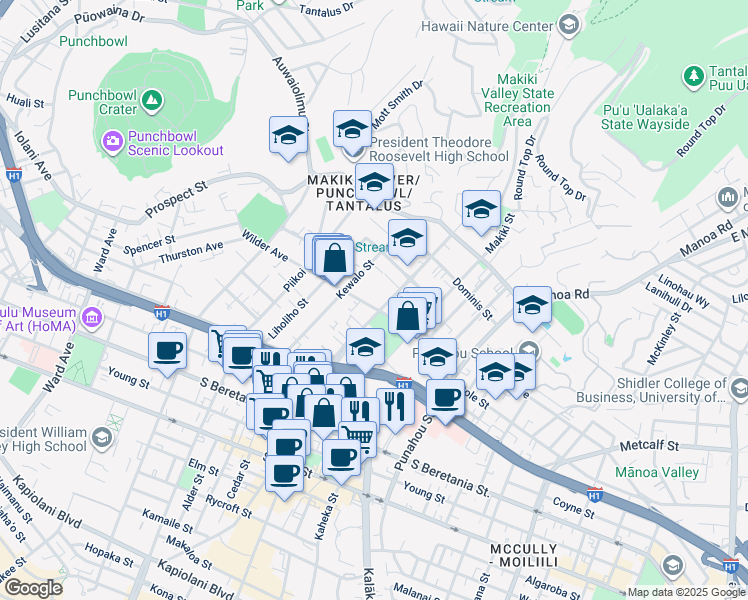 map of restaurants, bars, coffee shops, grocery stores, and more near 1605 Ke’eaumoku Street in Honolulu