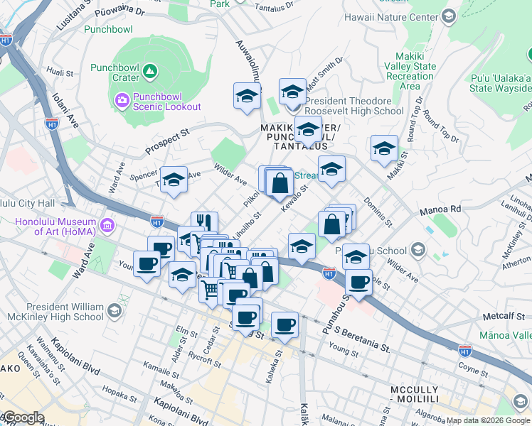 map of restaurants, bars, coffee shops, grocery stores, and more near 1526 Kewalo Street in Honolulu