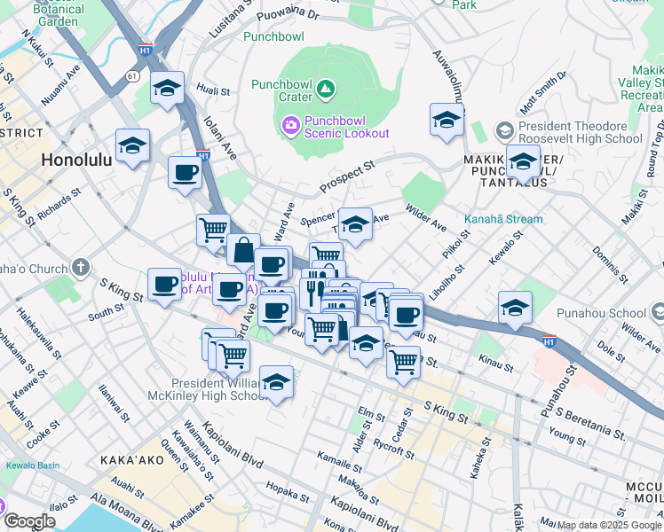 map of restaurants, bars, coffee shops, grocery stores, and more near 1028 Kinau Street in Honolulu