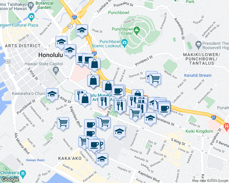 map of restaurants, bars, coffee shops, grocery stores, and more near 1220 Ward Avenue in Honolulu