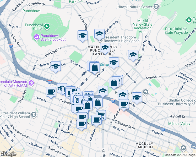 map of restaurants, bars, coffee shops, grocery stores, and more near 1328 Kaihee Street in Honolulu