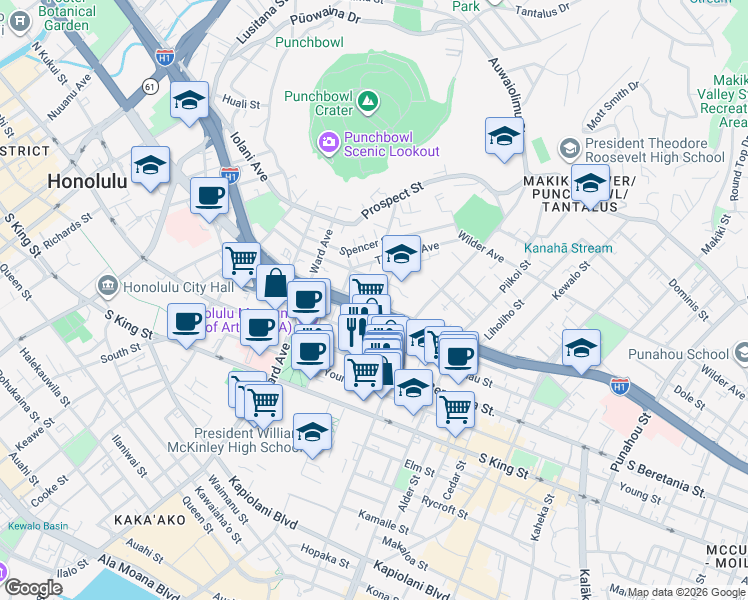 map of restaurants, bars, coffee shops, grocery stores, and more near 1040 Lunalilo Street in Honolulu