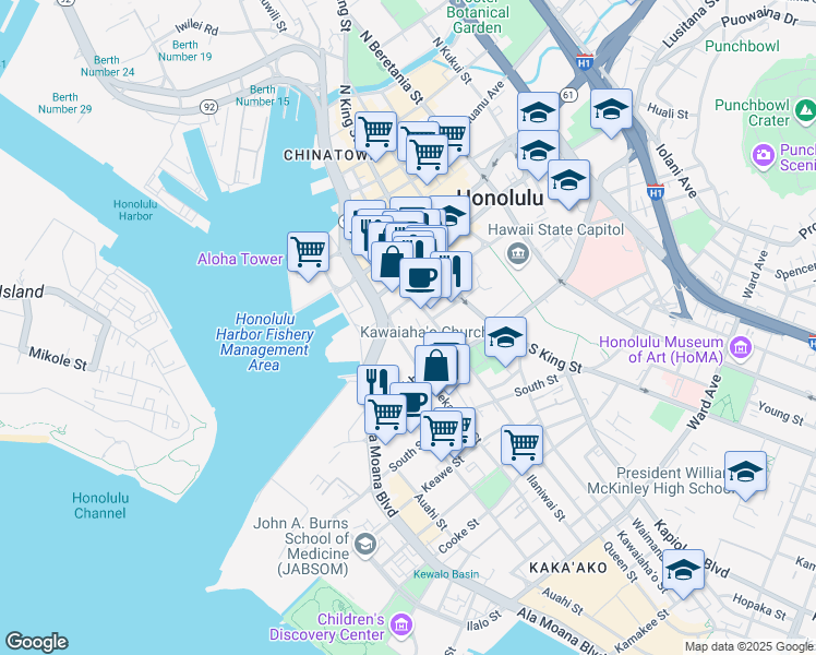 map of restaurants, bars, coffee shops, grocery stores, and more near 820 Mililani Street in Honolulu