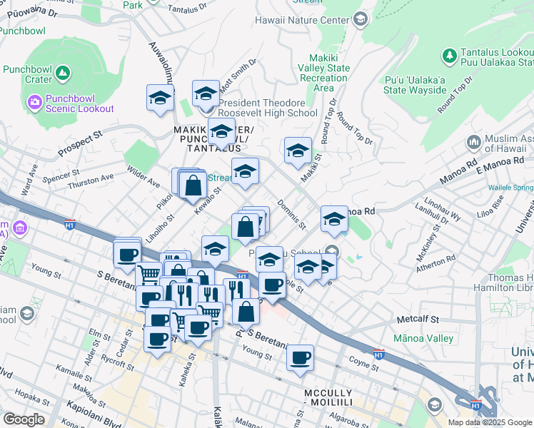 map of restaurants, bars, coffee shops, grocery stores, and more near 1628 Makiki Street in Honolulu