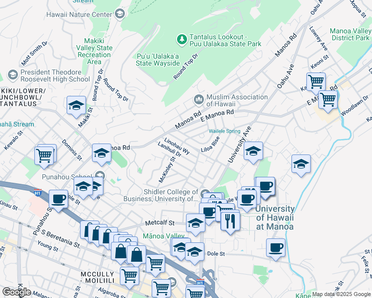 map of restaurants, bars, coffee shops, grocery stores, and more near 2126 Lanihuli Drive in Honolulu