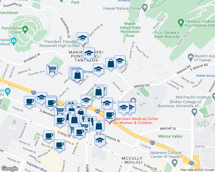 map of restaurants, bars, coffee shops, grocery stores, and more near 1628 Makiki Street in Honolulu