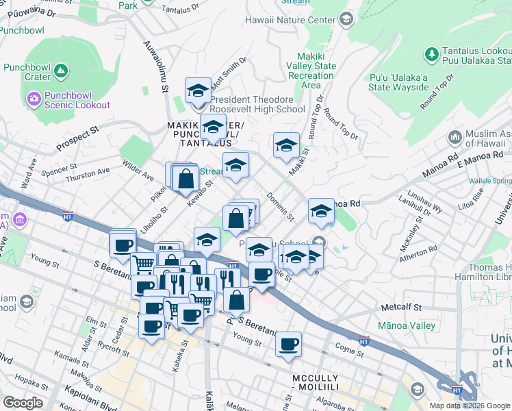 map of restaurants, bars, coffee shops, grocery stores, and more near 1628 Makiki Street in Honolulu