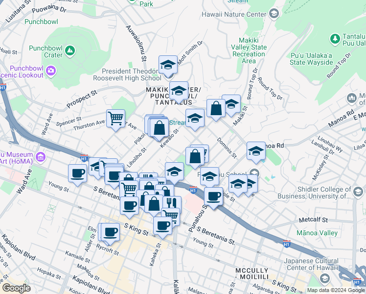 map of restaurants, bars, coffee shops, grocery stores, and more near in Honolulu