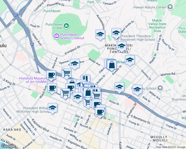 map of restaurants, bars, coffee shops, grocery stores, and more near 1155 Hassinger Street in Honolulu